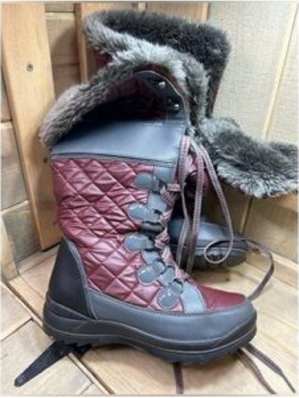 Women's Quilted Faux-Fur Winter Boots - Gray and Burgundy- waterproof